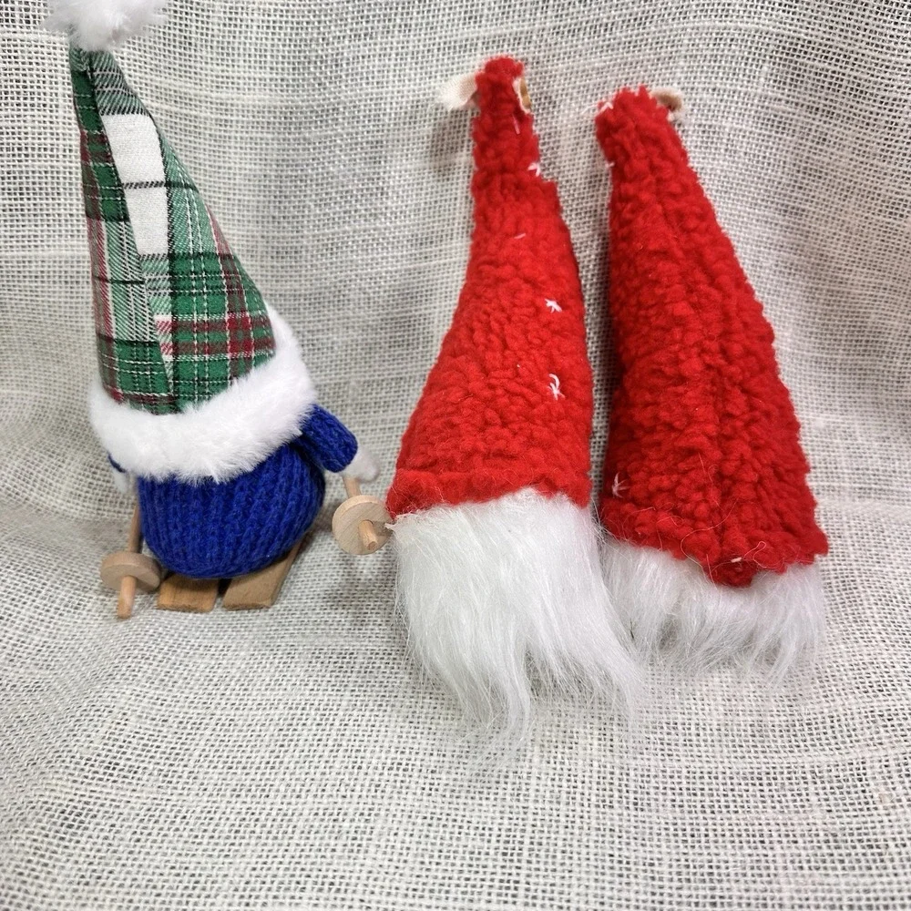 Christmas Gnome Ornaments Lot Nordic‎ Plush Red Hat & Wood Skier Gnome Decor